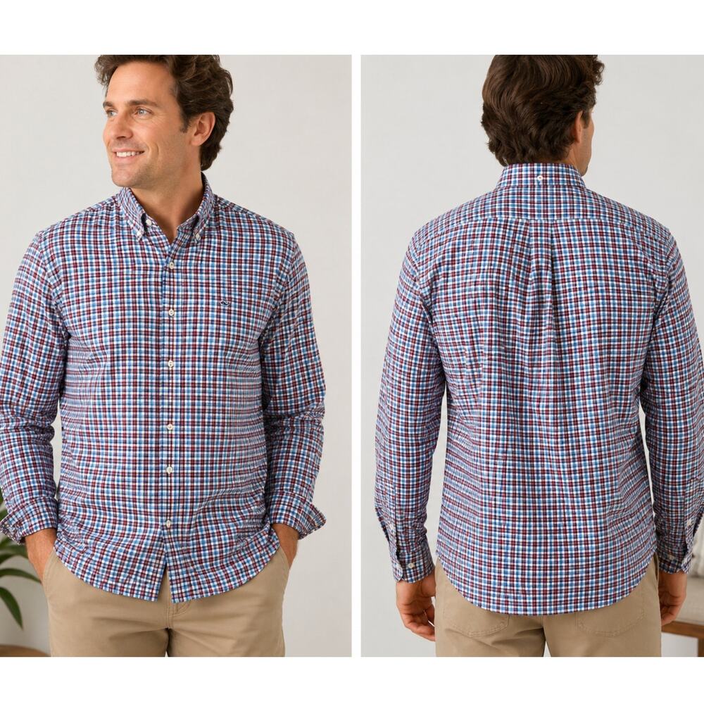 Vineyard Vines Mens Slim Fit Whale Shirt Check Cotton Preppy Classic Coastal L
